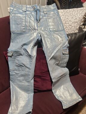 Women's Metallic Light Blue Cargo Jeans - Shiny Light Blue Finish